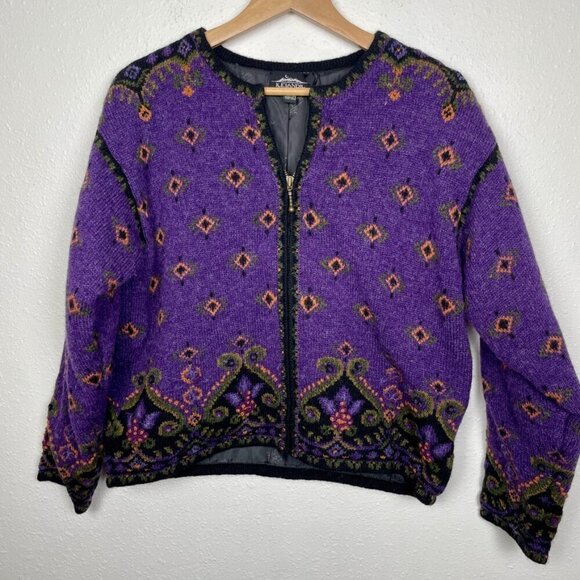 Icelandic Design 100% Wool Purple Floral Nordic Style Zip Jacket Size: Medium - Picture 2 of 11